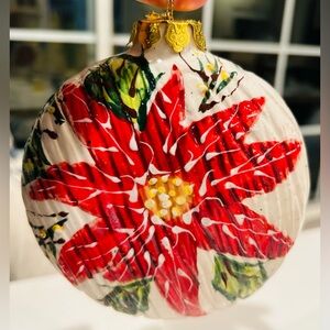 Vintage Poinsettia Flat Ball Christmas Ornament 5.5” Aprox.